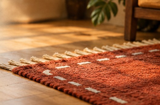 A terracotta woven rug with cream fringe on a warm wooden floor